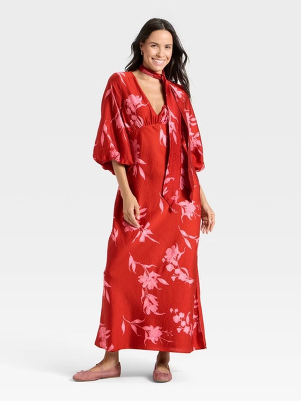 A New Day Women's Tie Neck Maxi Dress Red/Pink Floral Balloon Sleeve Detail S
